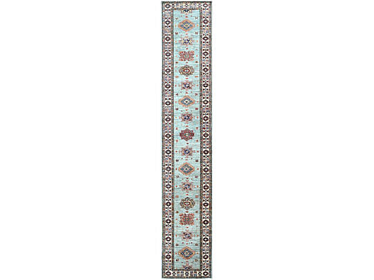 Geometric Elements Afghan Kazak Hand Knotted Wool Oriental Carpet Runner