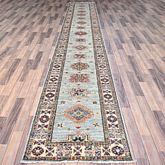Geometric Elements Afghan Kazak Hand Knotted Wool Oriental Carpet Runner, 15 ft. 5 in.
