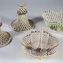 Four Pieces of Vintage Capodimonte Italian Woven Ceramics, including two candle holders and 2 baskets 
