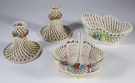 Four Pieces of Vintage Capodimonte Italian Woven Ceramics, including two candle holders and 2 baskets 
