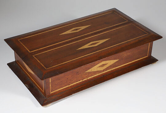 Antique Mahogany Double Lift Top Box, with line inlay and diamond wood inlays