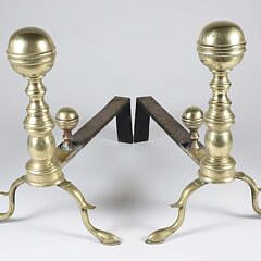 Pair of Period Boston Ball Top Brass Andirons with Matching Log Stops, 19th Century