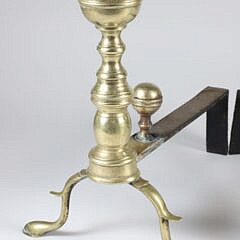 Pair of Period Boston Ball Top Brass Andirons with Matching Log Stops, 19th Century