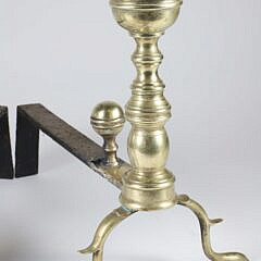 Pair of Period Boston Ball Top Brass Andirons with Matching Log Stops, 19th Century