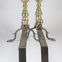 Pair of Period Boston Ball Top Brass Andirons with Matching Log Stops, 19th Century