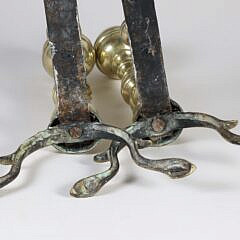 Pair of Period Boston Ball Top Brass Andirons with Matching Log Stops, 19th Century