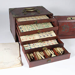 Antique Mahjong Set in Brass Bound Carrying Case, with bone and bamboo polychromed tiles, and how to play manual