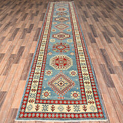 Steel Blue Kazak Style Hand Knoted Wool Oriental Carpet Runner
