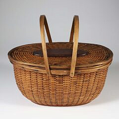 Signed Charles Ray (1826-1901) Covered Oval Double Swing Handle Nantucket Basket