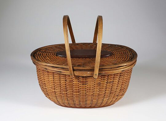 Signed Charles Ray (1826-1901) Covered Oval Double Swing Handle Nantucket Basket