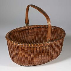 Mitchy Ray Round Open Swing Handle Nantucket Basket, paper label underneath "Lightship Basket made by Mitchell Ray, Nantucket, Mass"
