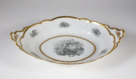 Worcester Oval Serving Platter, circa 1800, printed central floral basket center, 6 shell species border
