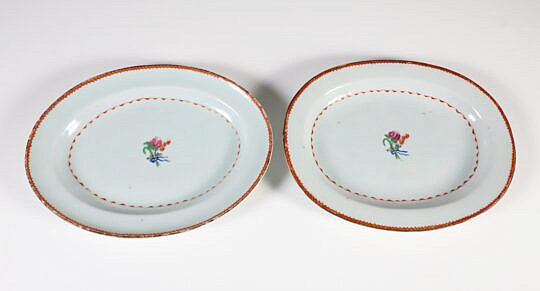 Pair of Diminutive Chinese Export Porcelain Famille Rose Decorated Platters, 18th Century