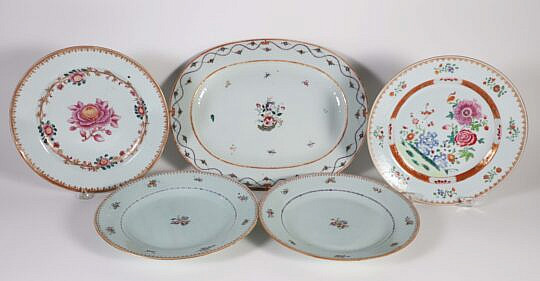 Five Chinese Export Porcelain Famille Rose Plates