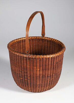 Fine Early Open Round Swing Handle Nantucket Basket, inscribed on base "Lightship basket made by lightship basket keeper, Nantucket, Mass"