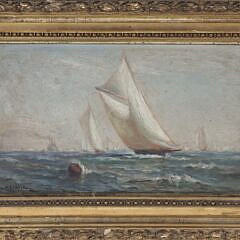 W.D. Eldred Oil on Panel "Yacht Race Off Marblehead" signed lower left W.D. Eldred and signed and titled on reverse, in period gilt frame