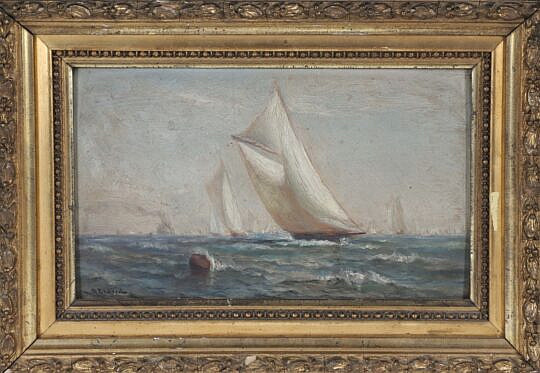 W.D. Eldred Oil on Panel "Yacht Race Off Marblehead" signed lower left W.D. Eldred and signed and titled on reverse, in period gilt frame