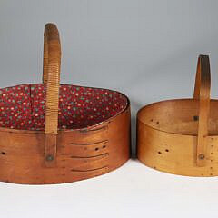 Two Antique Shaker Oval Handle Sewing Boxes Baskets, antique 3 finger and stamped sabbath day lake, Maine 4 fingers