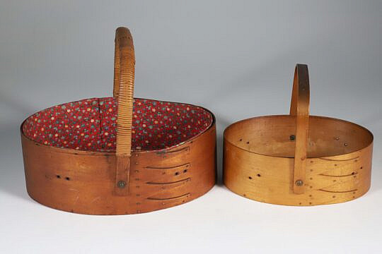 Two Antique Shaker Oval Handle Sewing Boxes Baskets, antique 3 finger and stamped sabbath day lake, Maine 4 fingers