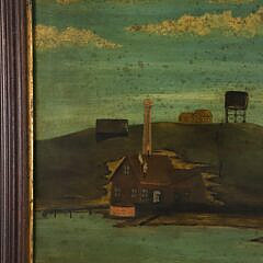 “Waterfront Mill” Oil Painting on Metal Sign, 19th Century