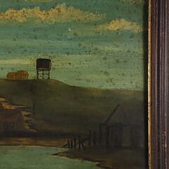 “Waterfront Mill” Oil Painting on Metal Sign, 19th Century