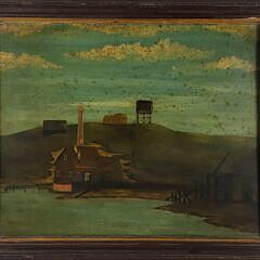 "Waterfront Mill" Oil Painting on Metal Sign, 19th Century