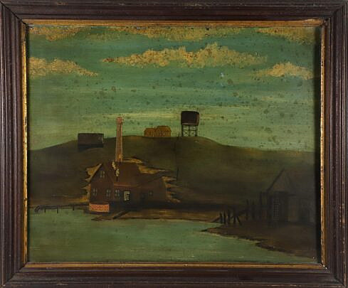 "Waterfront Mill" Oil Painting on Metal Sign, 19th Century