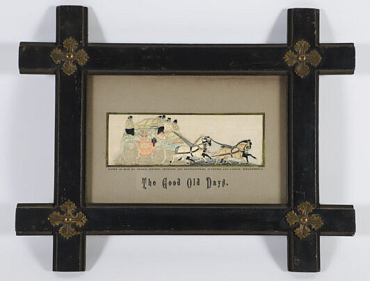 "The Good Old Days" Stevensgraph, Woven on Silk invented and manufactures, coventry to London (registered) in original arts and crafts wood and brass frame 