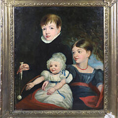 Oil on Canvas "Portrait of Three Family Members", circa 1840, depicting a well dressed group with hand toy, seated by a window, in period gilt frame