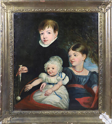 Oil on Canvas "Portrait of Three Family Members", circa 1840, depicting a well dressed group with hand toy, seated by a window, in period gilt frame