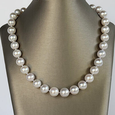 12mm-13.5mm White Freshwater Pearl Necklace, Sterling Silver Vermeil Clasp