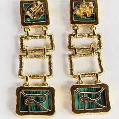 Pair of “Cubist” Malachite Sterling Silver Vermeil Dangle Earrings