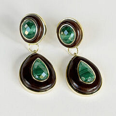 Pair of Faceted Malachite and Wood Dangle Earrings Set in Sterling Silver Vermeil