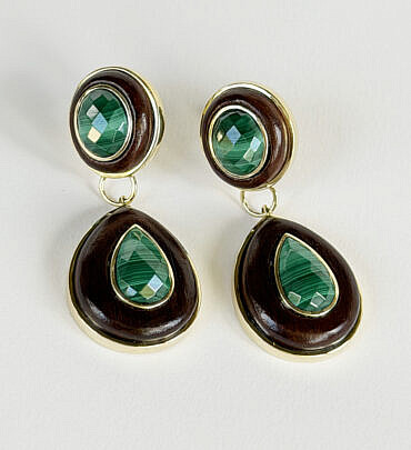 Pair of Faceted Malachite and Wood Dangle Earrings Set in Sterling Silver Vermeil