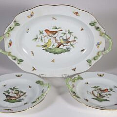 Three Hand Painted Herend Porcelain Bird Decorated Oval Scalloped Edge Serving Platters