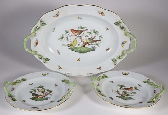 Three Hand Painted Herend Porcelain Bird Decorated Oval Scalloped Edge Serving Platters