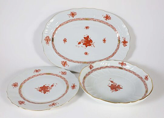 Three Hand Painted Herend Porcelain Orange Floral Decorated Serving Pieces