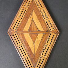 Antique Multi Wood Inlaid Diamond Shaped Cribbage Board, 19th century