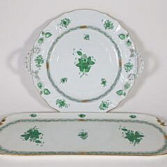 Two Hand Painted Herend Porcelain Green Floral Decorated Serving Pieces