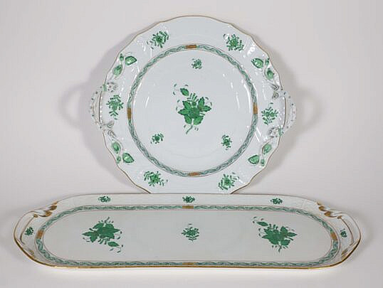 Two Hand Painted Herend Porcelain Green Floral Decorated Serving Pieces
