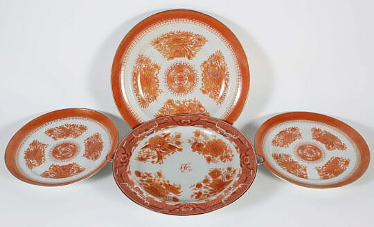 Four Pieces of Chinese Export Orange Fitzhugh Porcelain Early 19th Century