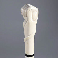 Whaler Made Clenched Fist Holding Ball and Wrapped Serpent Walking Stick, 19th Century