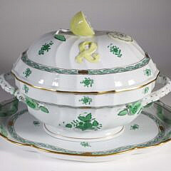Large Herend Hand Painted Porcelain Green Apponyi Pattern Soup Tureen and Underplate