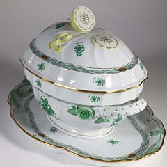 Large Herend Hand Painted Porcelain “Green Chinese Bouquet” Pattern Soup Tureen and Underplate