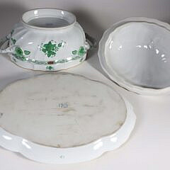 Large Herend Hand Painted Porcelain “Green Chinese Bouquet” Pattern Soup Tureen and Underplate