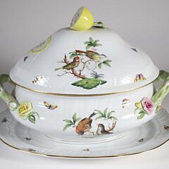 Large Herend Hand Painted Porcelain Bird Decorated Rothschild Pattern Soup Tureen and Underplate