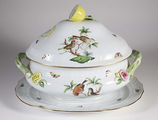 Large Herend Hand Painted Porcelain Bird Decorated Rothschild Pattern Soup Tureen and Underplate