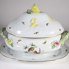 Large Herend Hand Painted Porcelain Bird Decorated Rothschild Pattern Soup Tureen and Underplate