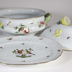 Large Herend Hand Painted Porcelain Bird Decorated Rothschild Pattern Soup Tureen and Underplate