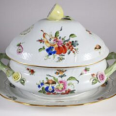 Large Herend hand Painted Porcelain Fruits and Flowers Pattern Soup Tureen and Underplate
